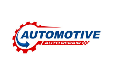 Automotive industry logo with gear and checkered finish flag, garage workshop icon symbol.