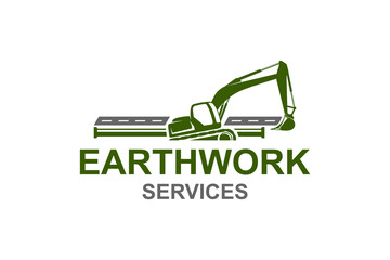 Heavy equipment excavator logo, underground pipe installation excavation.