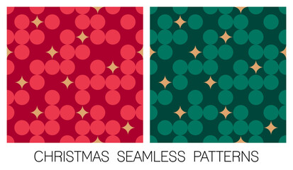 Set of red and green dot and star seamless pattern for christmas and new year background.