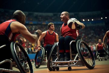 Paralympic games, athletes basketball players playing with a ball - Powered by Adobe