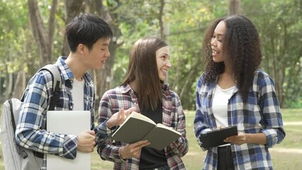 Group of young interracial diverse university students chatting together outside, engaging in a discussion together, college campus, enjoying campus recreation. Happy friends