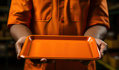 A prison inmate holding an empty canteen food tray