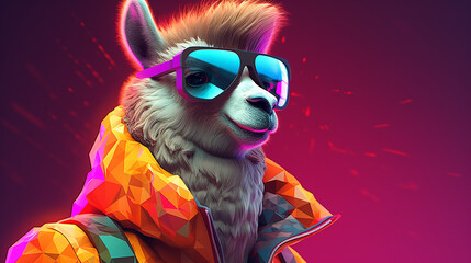Llama in bright vibrant colors, wearing sunglasses. 