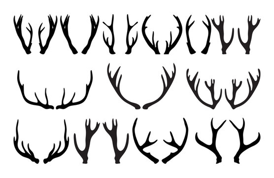 Deer antlers silhouette black icons set hand drawn vector.
