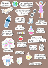 Set of printable New Year's goals stickers.