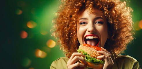 A woman holds a large grilled hamburger sandwich with hungry anticipation, joyfully exclaiming and laughing against a green background. - obrazy, fototapety, plakaty