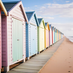 Row of beach huts painted in cheerful pastel colors.