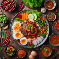 Spicy Thai food with shrimp and vegetables on wooden background. Top view