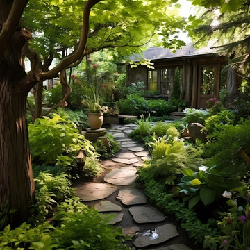Secluded garden with a meandering stone path and hidden corners.