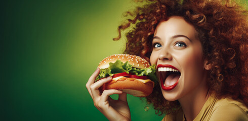 A woman holds a large grilled hamburger sandwich with hungry anticipation, joyfully exclaiming and...