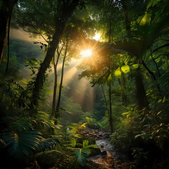 Sunlight filtering through the dense canopy of a lush rainforest.