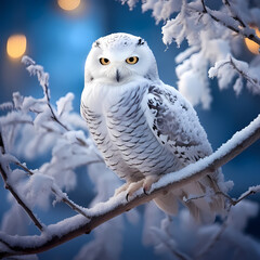 Snowy owl perched on a branch in a winter wonderland.