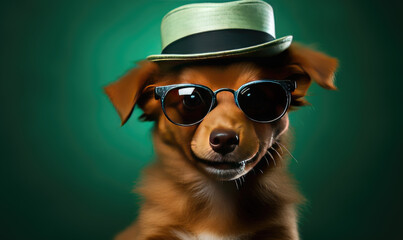 vA cute puppy wearing a St Patrick's day costume against a green background