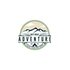 vintage adventure logo, mountain sunset logo, mountain logo round shape outdoor rocky peak adventure. Summer camp, glitter, animation, outdoor logo, vacation travel logo