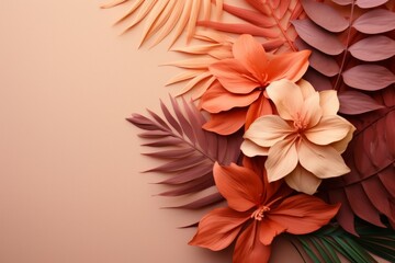 Tropical leaves, peach fuzz trendy color concept. Background with selective focus and copy space