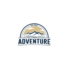 vintage adventure logo, mountain sunset logo, mountain logo round shape outdoor rocky peak adventure. Summer camp, glitter, animation, outdoor logo, vacation travel logo