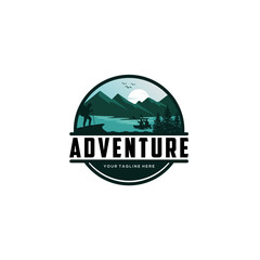 vintage adventure logo, mountain sunset logo, mountain logo round shape outdoor rocky peak adventure. Summer camp, glitter, animation, outdoor logo, vacation travel logo