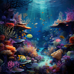 Fototapeta na wymiar Underwater scene with colorful coral reefs and exotic marine life.