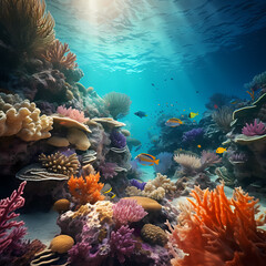 Naklejka na ściany i meble Underwater scene with colorful coral reefs and exotic marine life.