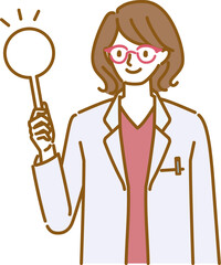 白衣とメガネを着用した女性の医者が笑顔で丸い札を持つ