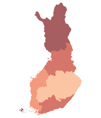 Finland map. Map of Finland divided into six main regions