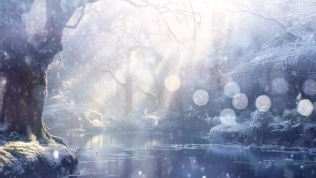 winter in fantasy forest with snow covered river. seamless looping 4k  time-lapse virtual video animation background. Generated AI