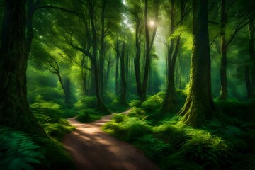 A lush, emerald-green forest with towering trees and a sun-dappled pathway inviting exploration.