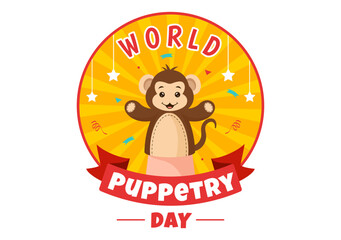World Puppetry Day Vector Illustration on March 21 for Puppet Festivals which is moved by the Fingers Hands in Flat Kids Cartoon Background Design