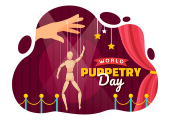 World Puppetry Day Vector Illustration on March 21 for Puppet Festivals which is moved by the Fingers Hands in Flat Kids Cartoon Background Design