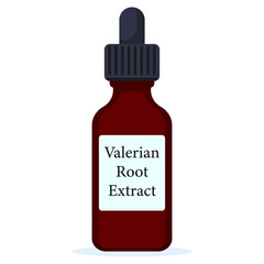 Valerian root extract. Dark bottle of valerian root extract vector illustration isolated on white background