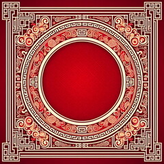 Chinese new year background with golden frame and ornate elements, vector illustration