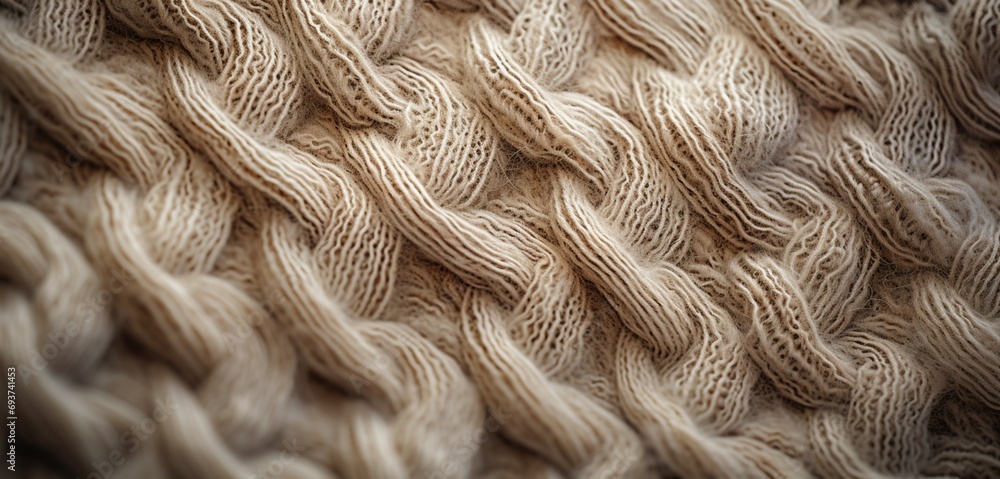 Poster macro view of a wool sweater texture, the intricate details and softness highlighted by gentle light