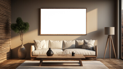 Modern living room with wooden walls and comfortable furniture. Home design concept. Generative AI