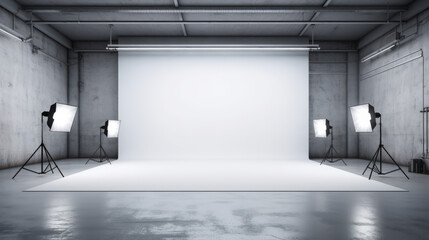 Spacious professional photo studio with large white backdrop and lighting. Industrial design concept. Generative AI