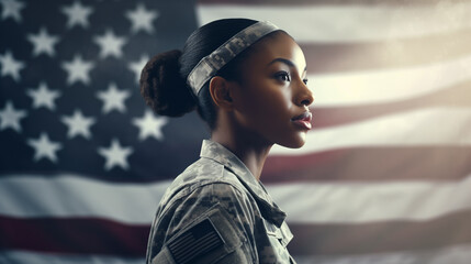 Profile of African-American female soldier with natural hair standing in front of American flag waving in background saluting fellow veterans and service men and women - obrazy, fototapety, plakaty