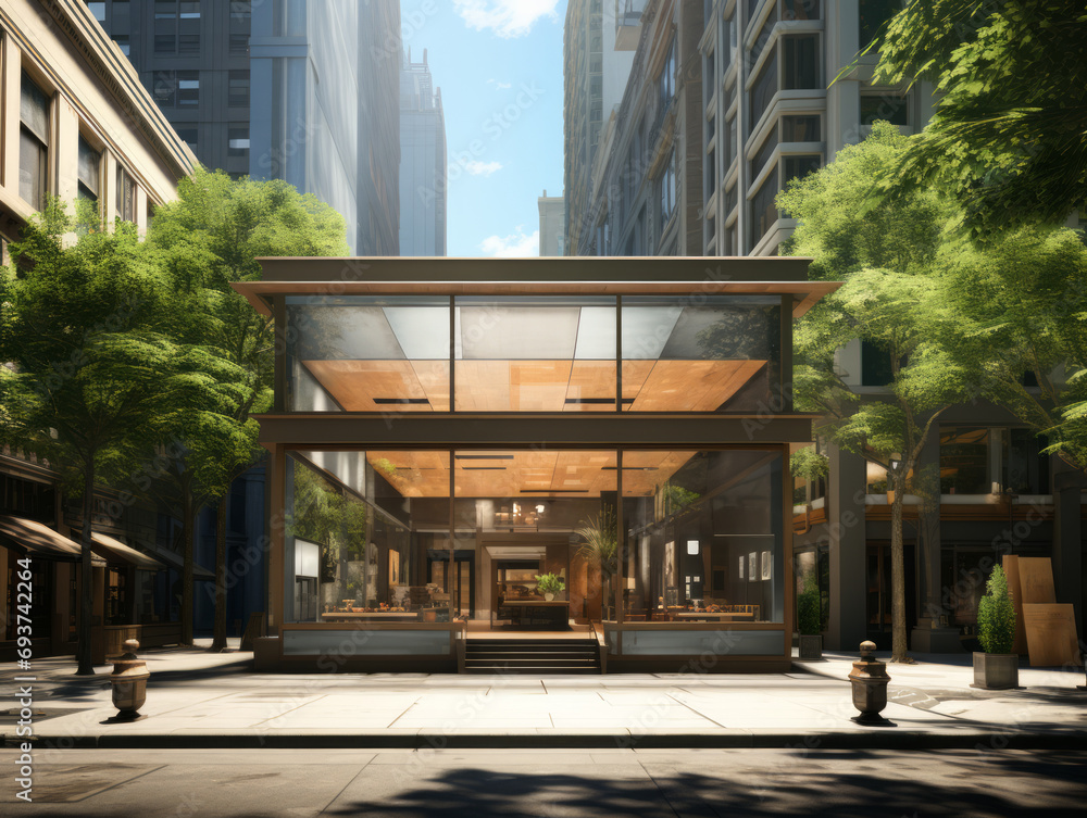 Aufkleber glass-fronted modern building nestled between city trees on a sunny day. architecture and urban desi