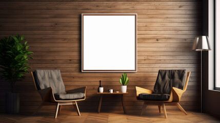 Stylish room interior with blank canvas and comfortable seating. Contemporary and art display concept Generative AI