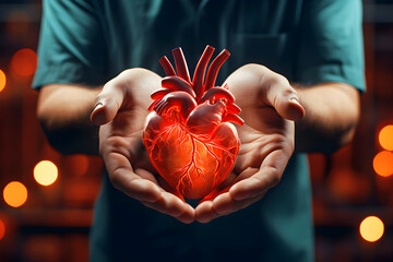 Heart in doctor's hand on blurred dark background