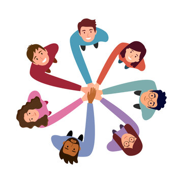 People in a circle with hands on top of each other top view. Teamwork. Team together.