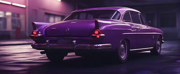 purple colour classic car facing the camera, minimalist, deadpan, banal, cool, clinical, urban,...