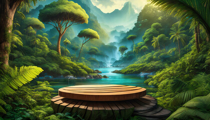 Product presentation with a wooden podium set amidst a lush tropical forest, enhanced by a vibrant green backdrop.3d rendering ; waterfall, sunrise, shiny