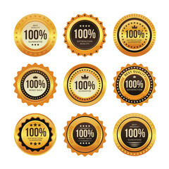 Set of 100% Gold Seal Labels Collection, Golden luxury labels, gold premium quality certificate emblems badges, Luxury and premium quality sticker tags and banners best product seals with golden crown