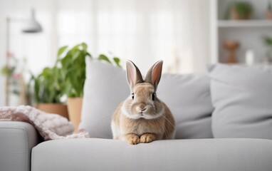 Cute small rabbit on the grey couch. Easter concept