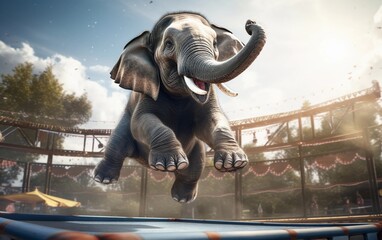 Young elephant jumping on trampoline at the playground