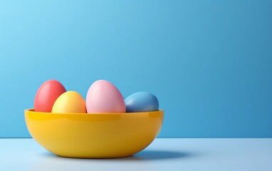 Easter concept. Colorful easter eggs in a yellow bowl on the blue background
