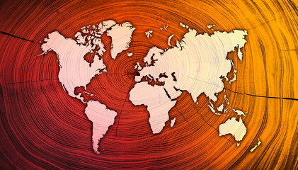 Red and orange warm textured global map of Europe with shock waves or energy going to continents with wood background 