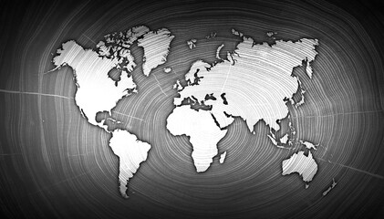 Monotone textured global map of Africa with shock waves or energy going to continents with wood background 
