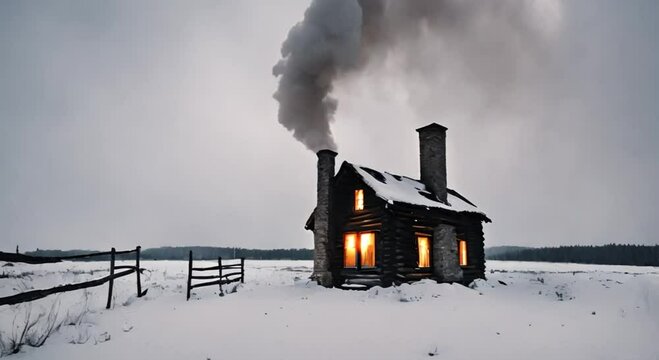 snow covered cabin in the middle of a field during winter video footage 2k 60fps