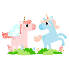 Cute unicorns, Pony or horse with magical, PNG clipart. Unicorns illustration with rainbow, stars, hearts, clouds, castle in cartoon style. 