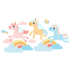 Obraz na płótnie Canvas Cute unicorns, Pony or horse with magical, PNG clipart. Unicorns illustration with rainbow, stars, hearts, clouds, castle in cartoon style. 